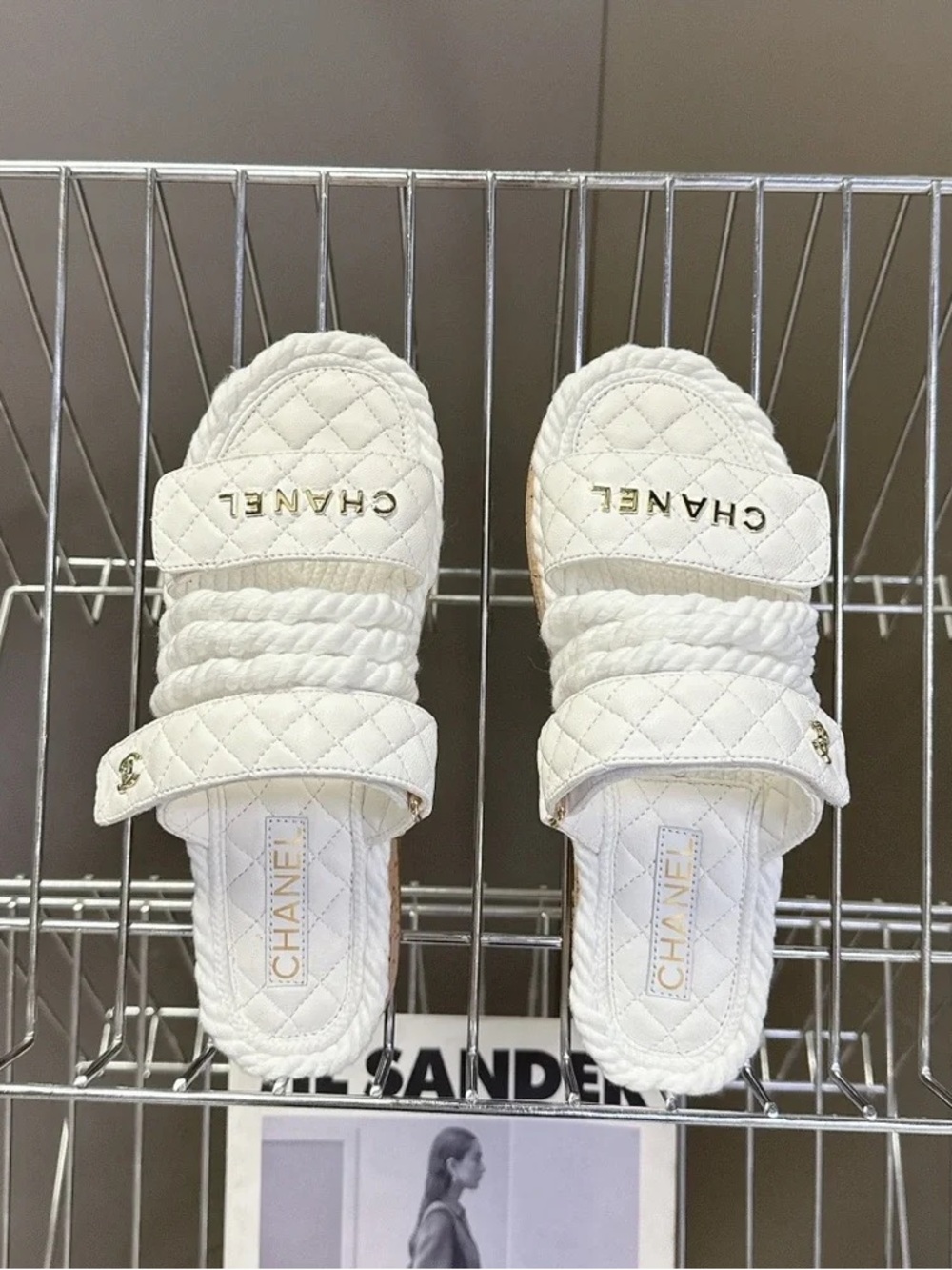 Chanel Quilted Rope Slide Sandals in White